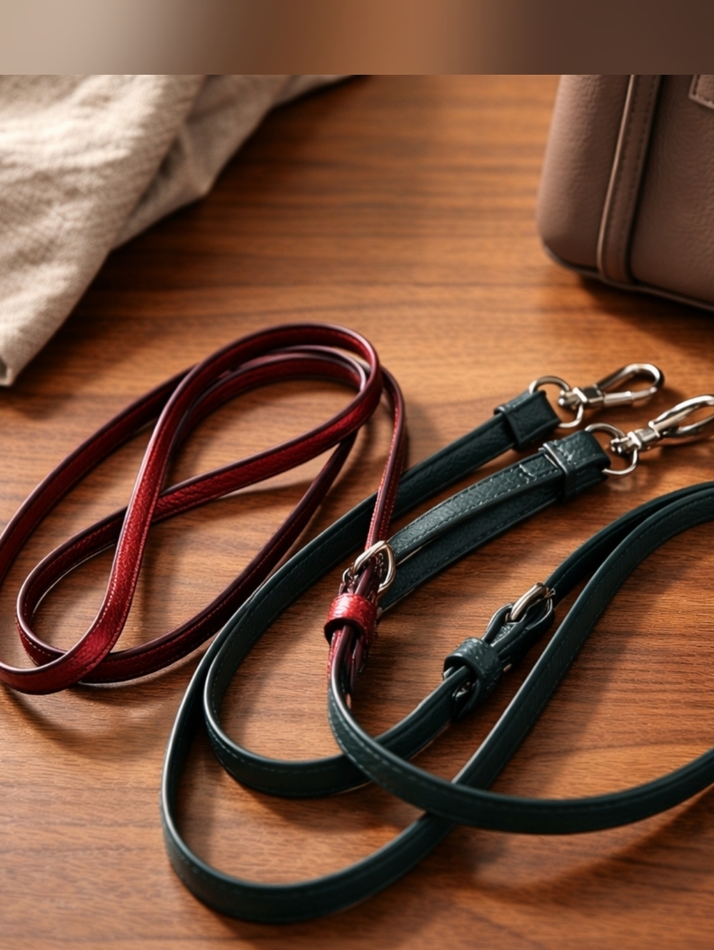 Leather Crossbody Straps in Burgundy and Forest Green